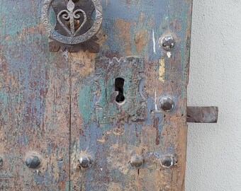 One of a kind Antique blue moroccan wall decoration door handmade riad bedroom door with metal knocker