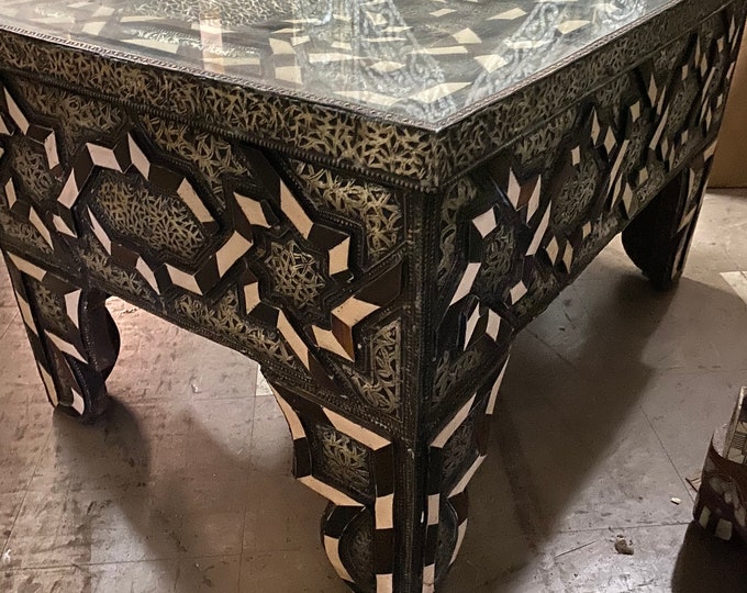 Featured listing image: Moroccan Vintage white bone and metal table handmade moorish bone artwork table living room bedroom indoor arabian furniture
