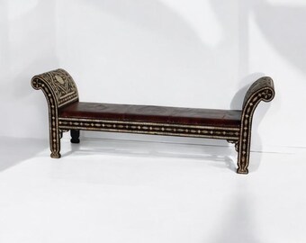 Vintage unique moroccan inlay white bone and upholstered leather bench, furniture sofa for bedroom, living room one of a kind home decor