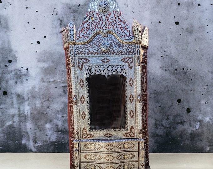 High end antique mother of pearl armoire for bedroom, living room moroccan shell bone conversation piece of middle eastern furniture