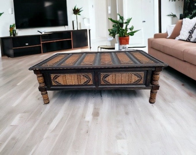 Vintage cedar carved African wooden table for living room bedroom handmade sturdy unique ethnic berber lifestyle table