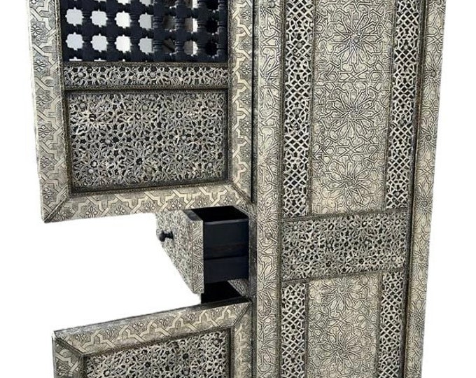Moroccan handmade silver metal cabinet with metal drawer mousharabia door panels unique bedroom cabinet furniture for living room or kitchen