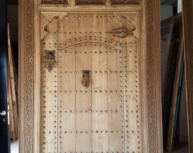 9ft tall Moorish extra large palace door carved indoor outdoor moroccan wooden gate with metal knockers & metal head nails with wood work
