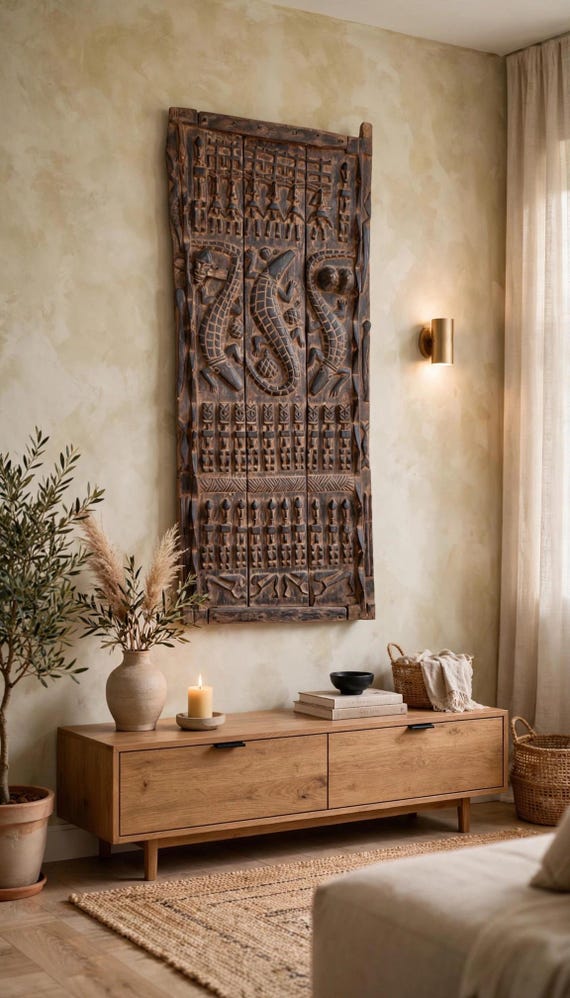 Antique Dogon Door Panel: African Tribal Art, Carved Wood Decor