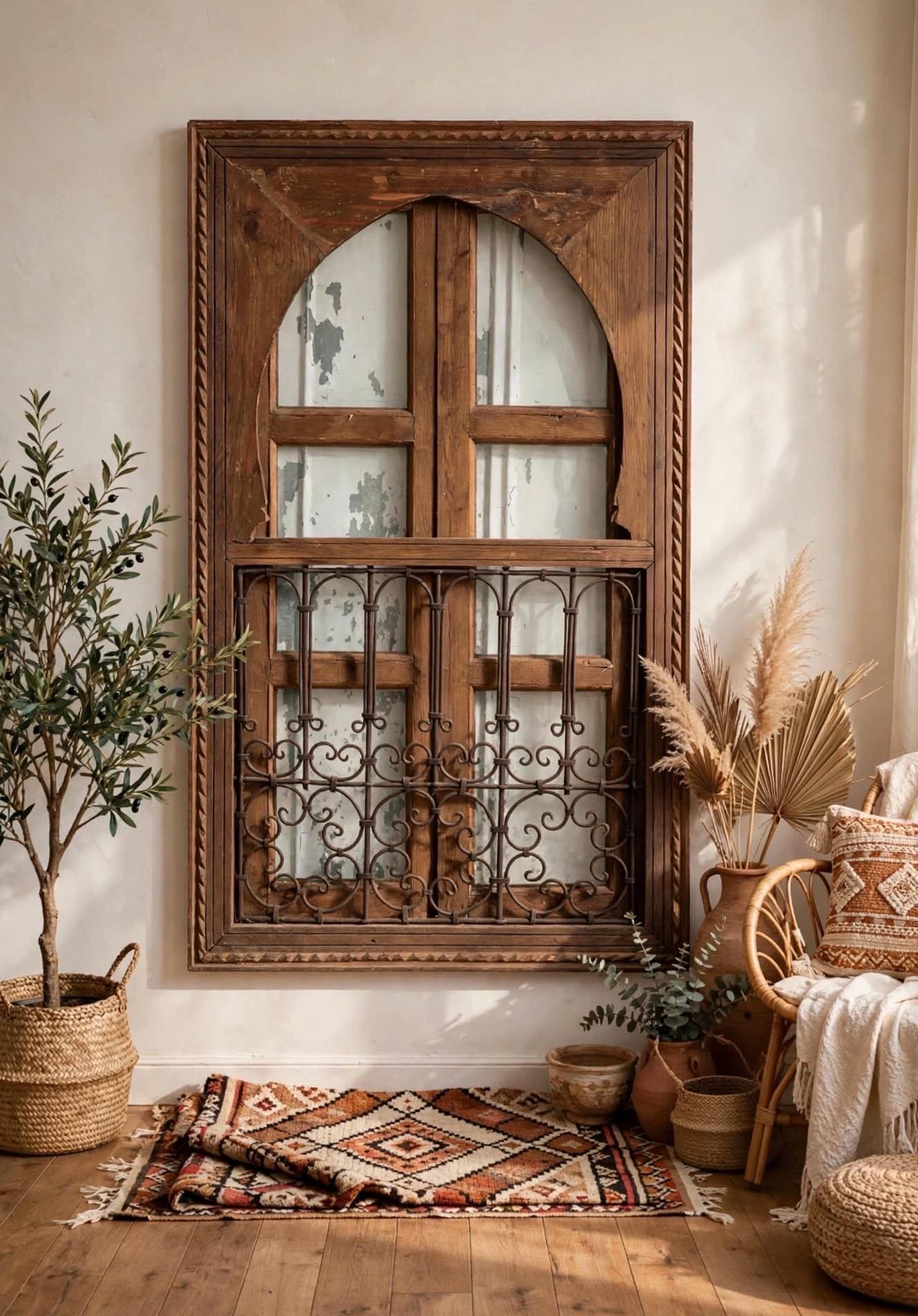 Moroccan Vintage Window With Wrought Iron Filigree, Architectural