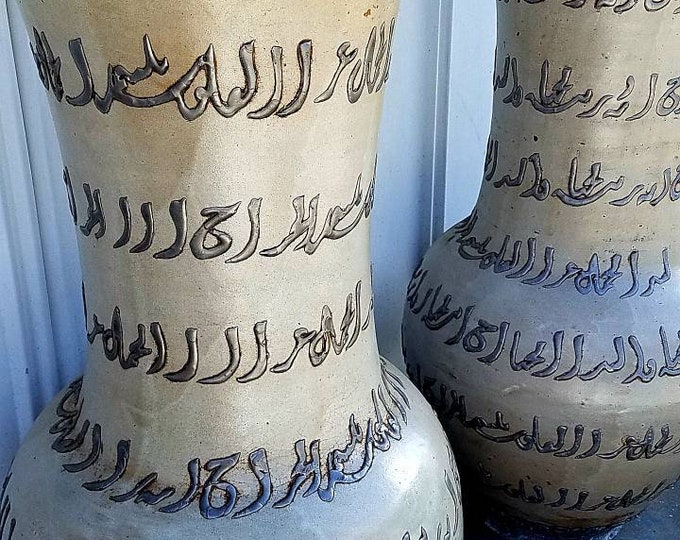Two large vintage moroccan vases handmade pottery collection piece of home decor living room bedroom Arabic calligraphy artwork  painting