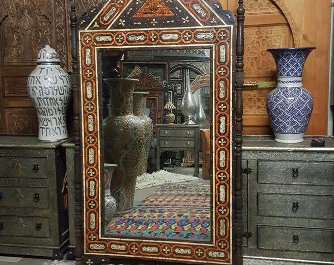 Eclectic Giant Sultan inlay mirror unique conversation piece moroccan Vintage handmade orange bone mirror bedroom for living room