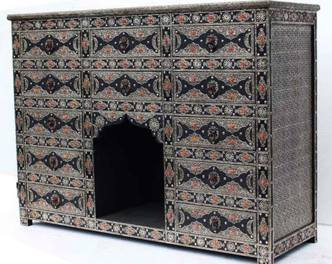 Unique 10 drawers ethnic Vintage Silver metal bone cabinet moroccan handmade door panels unique buffet african furniture bedroom living room