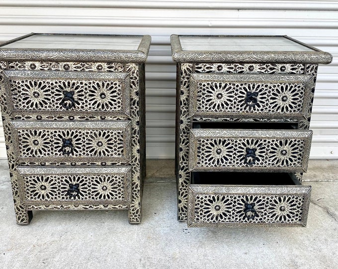 Two Handmade moroccan silver metal nightstand metal three drawers cabinet furniture bedroom living room bed side nightstands