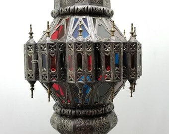 Large Vintage silver led moroccan ceiling lamp, moorish royal hanging chandelier, middle eastern lighting
