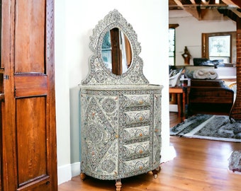 High end vintage white vanity chest of drawers moroccan bone inlay cabinet with mirror conversation piece with semi precious african stones