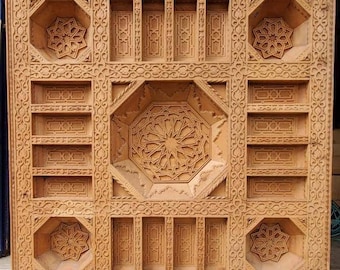 One of a kind Traditional Vintage geometric carved Moroccan wooden ceiling panel, for living room or bedroom unique architecture home decor