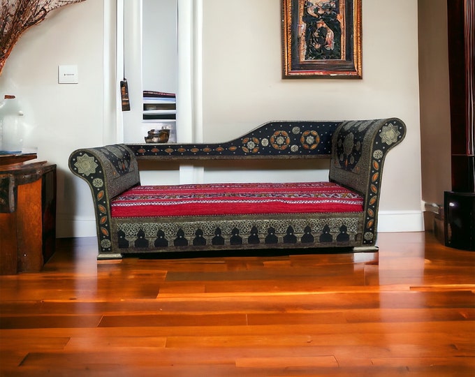 Unique Handmade moroccan silver metal and upholstered kilim rug bench, furniture sofa for  bedroom, living room one of a kind home decor