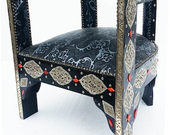 Two handmade vintage silver metal & faux leather moroccan moorish chairs for bedroom living or even for office great home decor