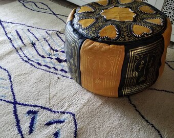 7ft by 5ft One of a kind Blue fish vintage artwork Beni ourain rug abstact handwoven moroccan carpet