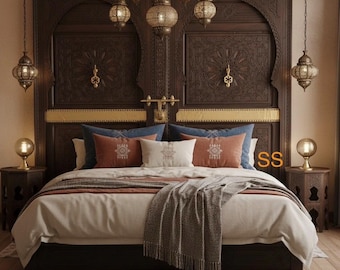 Handmade King Headboard Bed: Moroccan Carved Cedar Doors, Brass Knockers