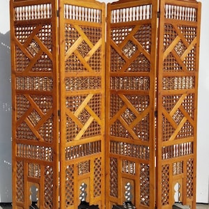 Large mousharabiah artwork moroccan room divider wooden panels hand carved indoor furniture middle eastern home decor bedroom lifestyle
