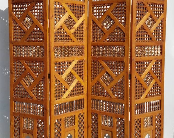 Large mousharabiah artwork moroccan room divider wooden panels hand carved indoor furniture middle eastern home decor bedroom lifestyle