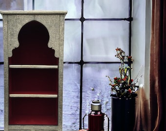 Silver bookshelf - upholstered handmade moroccan  bookshelf - moroccan furniture and home decor moorish arch bookshelf cabinet