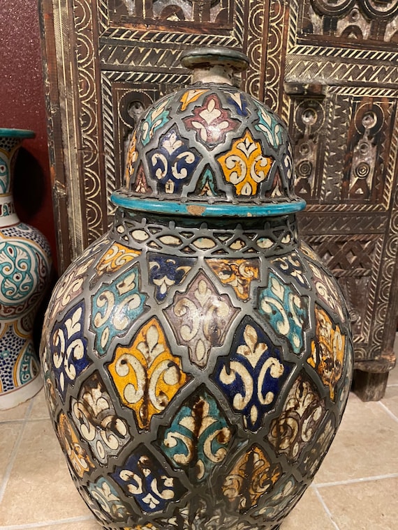 Vintage Moroccan Vase With Lid, Handmade Pottery, Metal Accents - Etsy