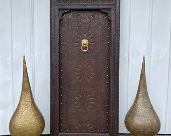 Moroccan Exterior wooden vintage moroccan door handmade with brass lion knocker metal umberella nail heads geometric moorish door