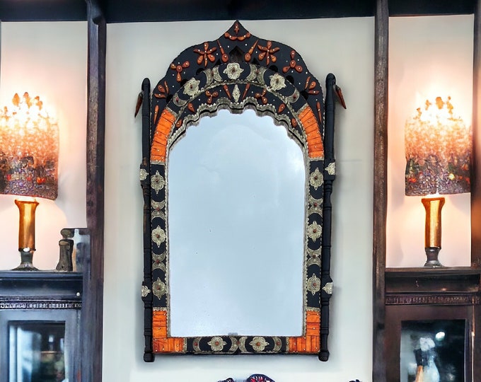 Unique vintage touareg african handmade silver camel inlay bone mirror living room or bedroom furniture moroccan one of a kind mirror