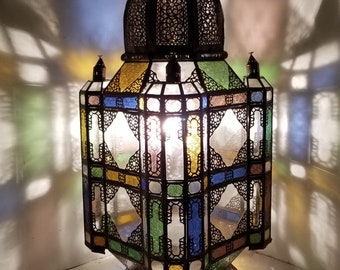 large Vintage rustic floor glass moroccan lamp, moorish handmade metal lantern unique ambient lighting theme known as mosque lantern