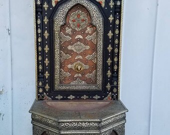 One of a kind Vintage moorish moroccan fountain silver metal bone inlay Handmade fountain water garden indoor hummered metal fountain