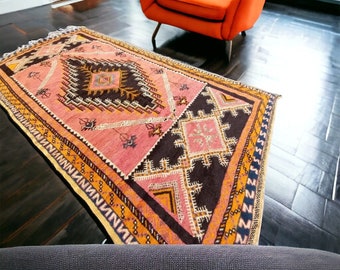 113” x 57” Dark orange and gold/ black Vintage taznakht rug collection piece moroccan berber handwoven carpet connoisseur rug for bedroom