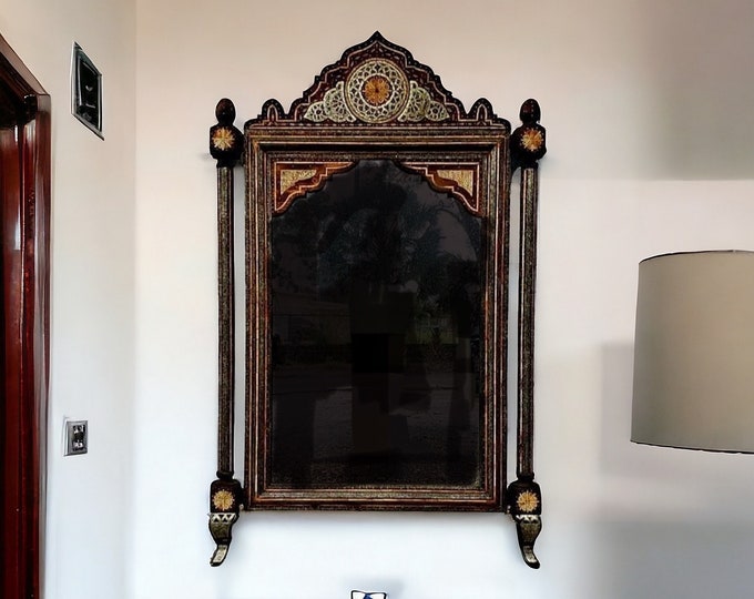 A unique conversation piece moroccan unique Vintage handmade inlay orange camel bone mirror your living room bedroom harem moorish mirror