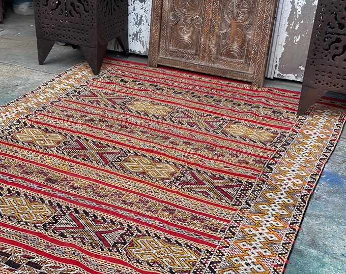 Rare vintage dark red and gold kilim rug handwoven berber floor area low pile carpet for bedroom or living room all wool