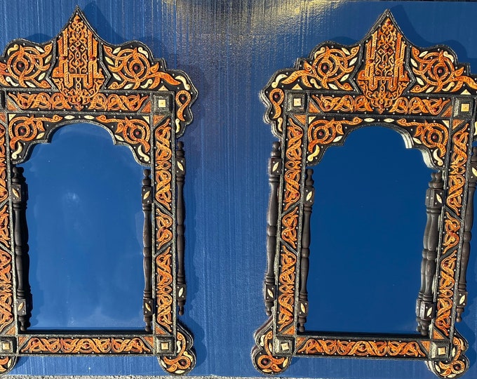 Two unique arabic Allah bone calligraphy handmade bone inlay bathroom sink mirrors moroccan vintage mirror for bedroom or living room