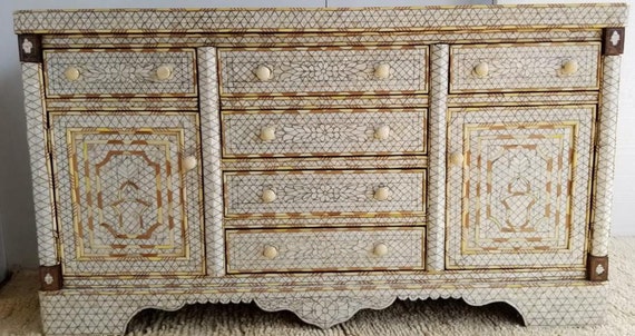 Unique Large Vintage White Mother Of Pearl Dresser Cabinet For Etsy