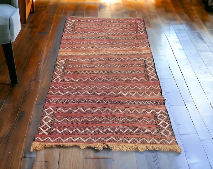 70” x 49” vintage kilim rug handwoven berber floor area low pile carpet for bedroom or living room all wool made women of the atlas