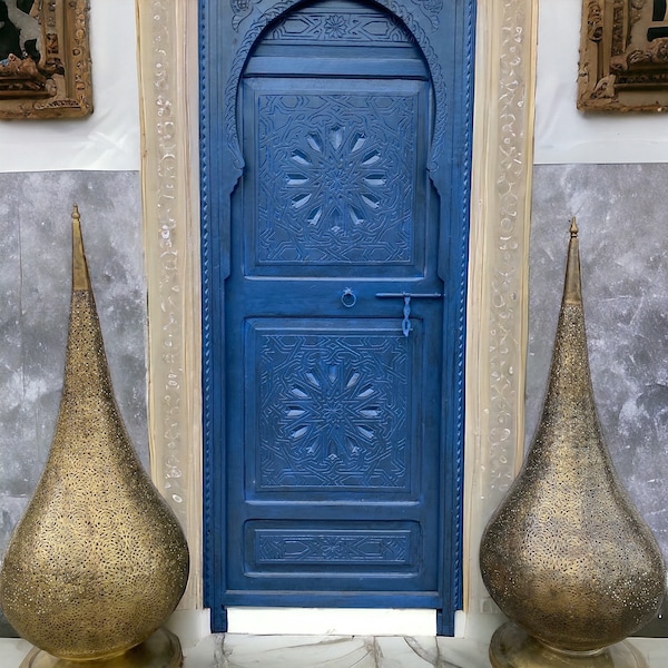Blue Moroccan door geometric hand carving indoor bedroom moorish mediterranean architectural wood work vintage door handmade home decor