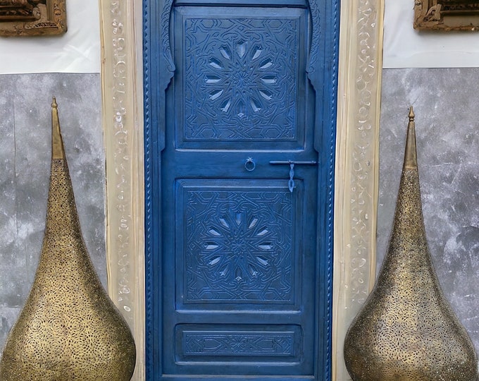 Blue Moroccan door geometric hand carving indoor bedroom moorish mediterranean architectural wood work vintage door handmade home decor