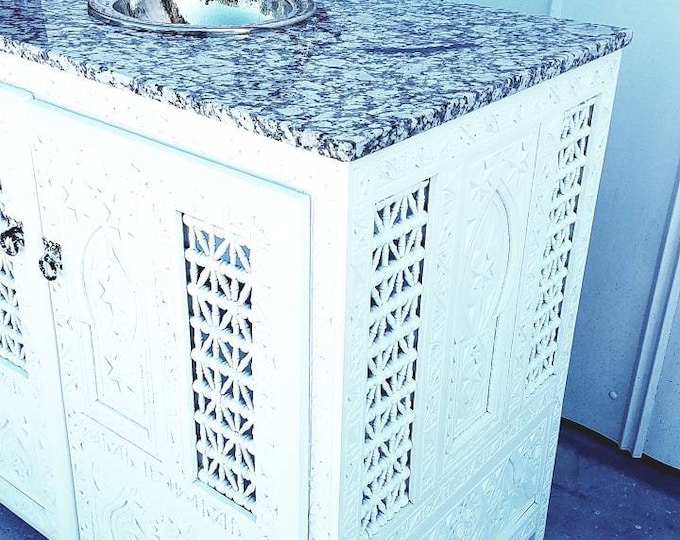 Moroccan wooden mousharabia artwork handmade bathroom sink vanity cabinet with marble top with unique faucet silver vessel bedroom bathroom