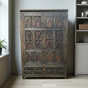 Vintage Touareg cedar Armoire embellished with Touareg nomad leather
