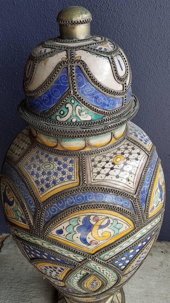 Vintage Hand Carved Moroccan Pottery Vase, Metal Accents - Etsy