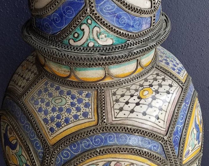 Vintage moroccan vase handmade pottery collection piece of home decor living room bedroom mediterranean  metal artwork painting clay pot