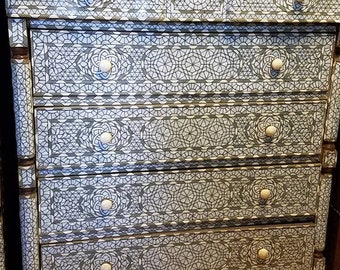 High end Unique Large Vintage White mother of pearl dresser cabinet for bedroom, living room inlaid moroccan shell bone chest of drawers
