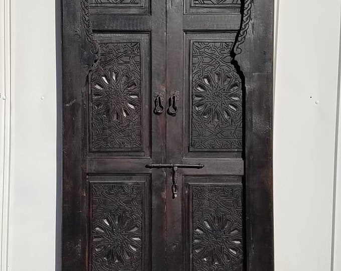 Vintage andalusian Moorish double interior door with panels hand carved indoor outdoor bedroom moroccan wooden bathroom door