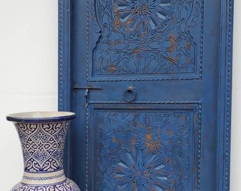 Medium size Handmade Moroccan blue door hand carved nomad moorish carved door good for your bedroom moroccan architectural wood work piece