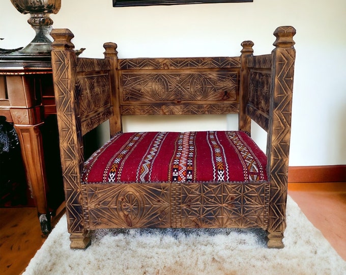 One of a kind African vintage wooden chair kilim rug touareg nomad chair, great moroccan furniture and home decor piece