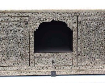 Unique Vintage Silver metal wooden cabinet Moroccan handmade silver metal cabinet door panels buffet furniture bedroom living room