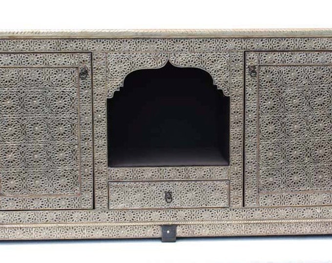 Unique Vintage Silver metal wooden cabinet Moroccan handmade silver metal cabinet door panels buffet furniture bedroom living room