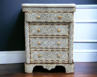 A vintage white mother of pearl inlay nightstand with marble top pearl shell cabinet syrian chest of drawers bedroom furniture