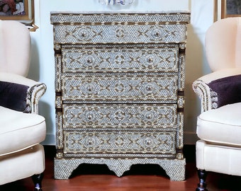 Five drawers Old Unique Vintage White mother of pearl dresser cabinet for bedroom, living room inlaid moroccan shell bone chest of drawers