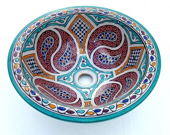 FEZ Handmade Moroccan bathroom sink vanity clay pottery wash basin. Give your bathroom cabinet a moorish hand painted andalusian sink look