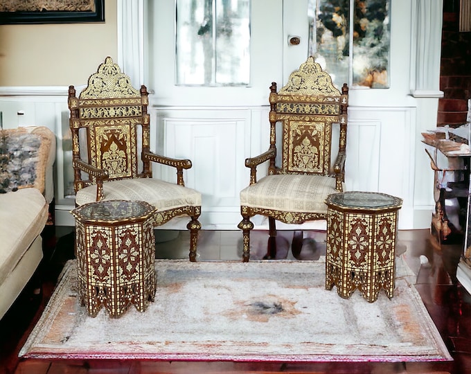 Exquisite antique syrian mother of pearl inlay white shell wooden chairs with two side tables ottoman furniture